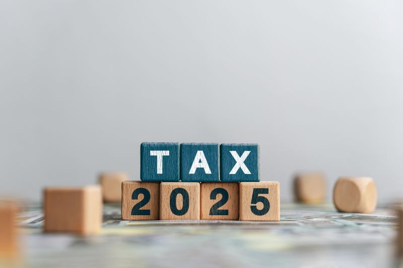 Picture of the word "tax" in blocks over "2025" to signal tax planning.